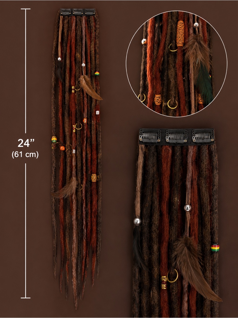 Clip-In Boho Dreadlock Extensions with Beads & Feathers - Brown & Rust
